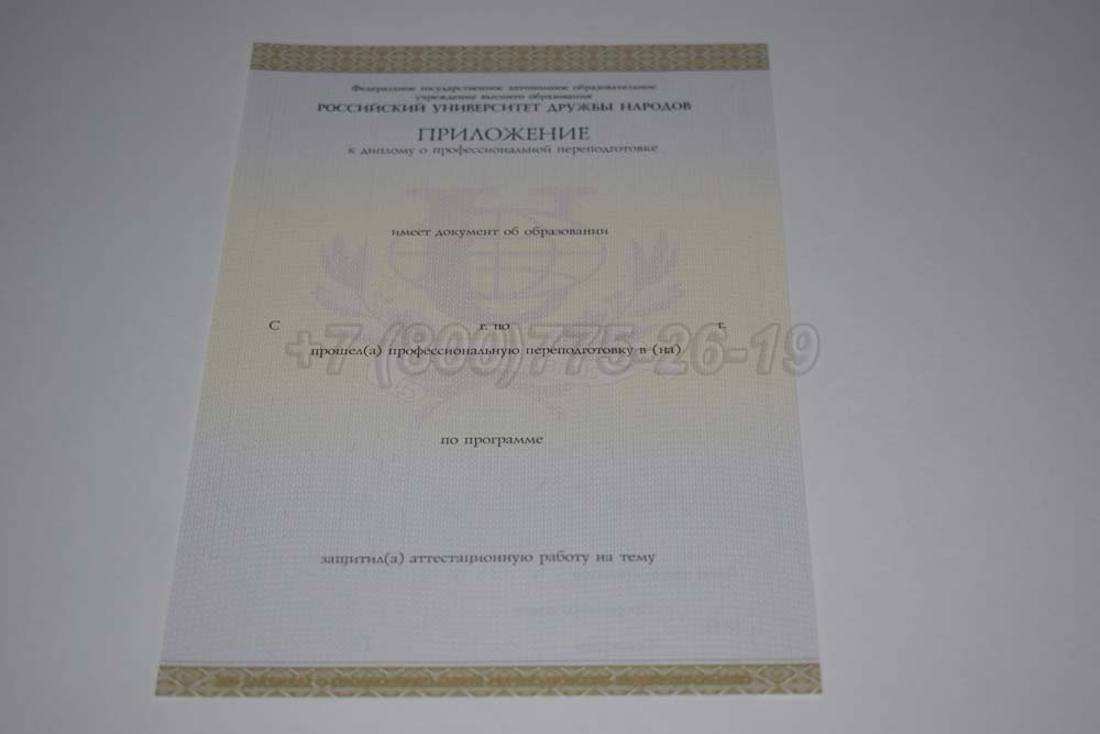 Приложение к диплому о переподготовке РУДН Гознак 2014-2025 год выпуска г.Иркутск