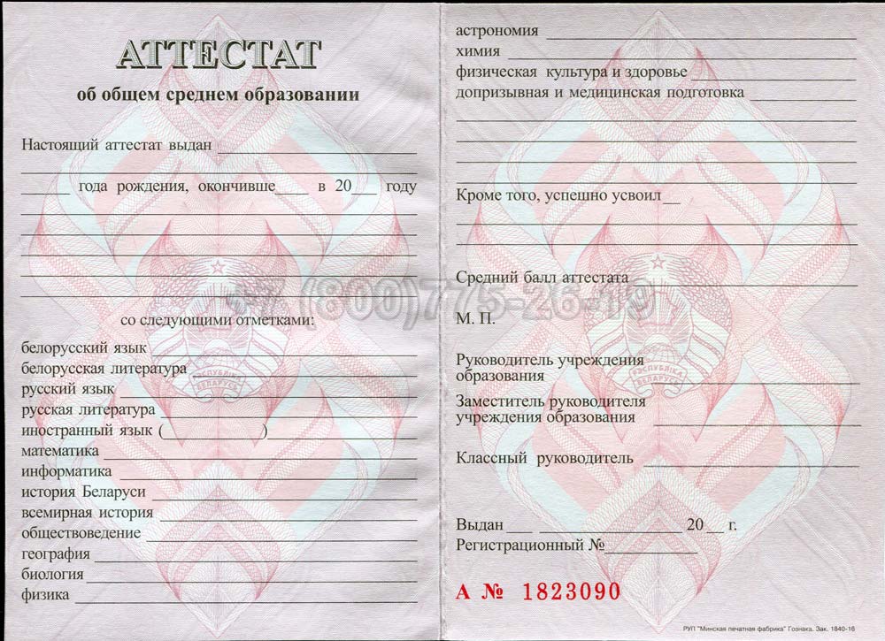 Аттестат о полном среднем образовании Беларуси Гознак 2000-2025 год выпуска г.Иркутск