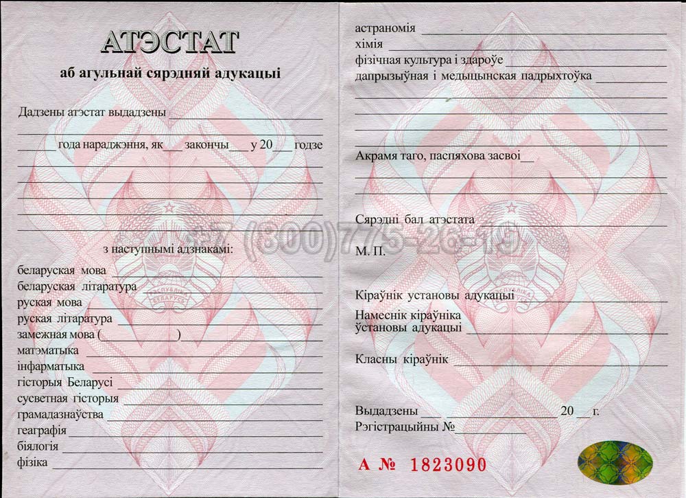 Аттестат о полном среднем образовании Беларуси Гознак 2000-2025 год выпуска г.Иркутск